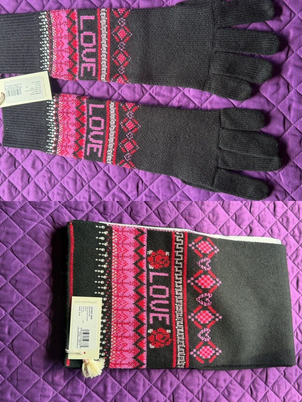 Johnny Was Love Fairisle Scarf & Long Gloves Set – Black – NWT